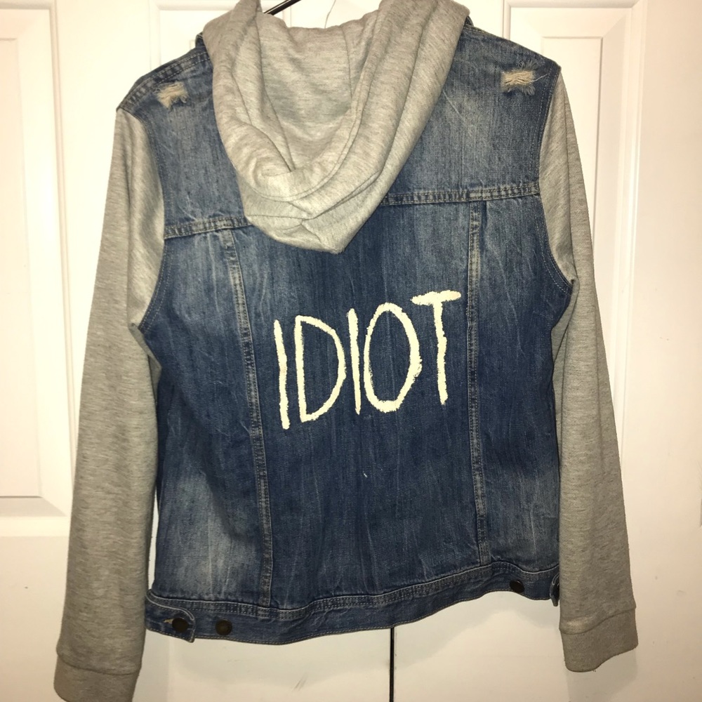 Denim and gray hooded jacket